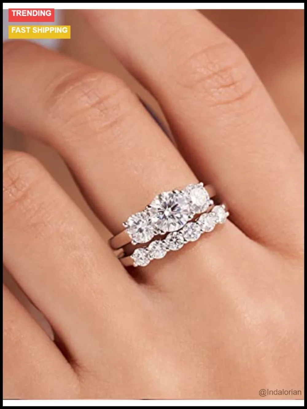 Moissanite 3 Stone Engagement Ring 925 Sterling Silver Wedding Band